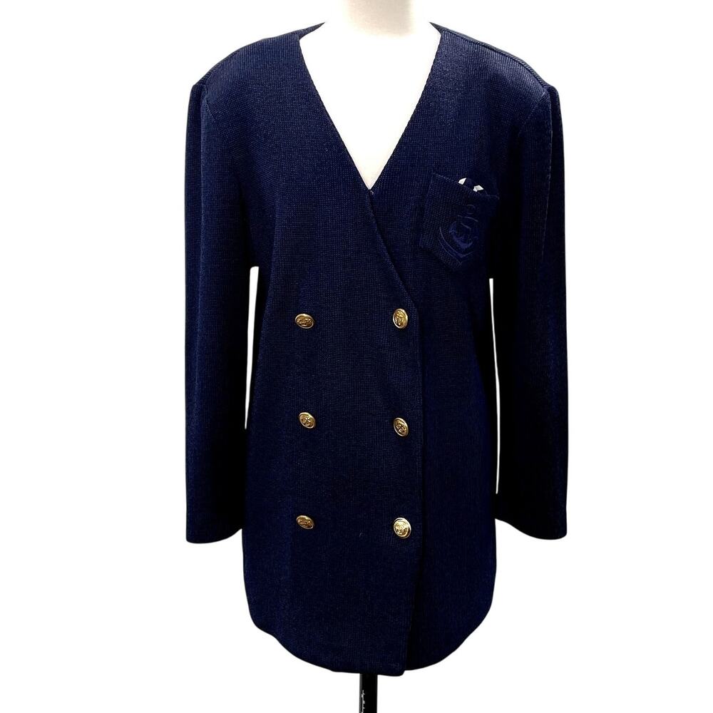 Jeffrey & Dara by Linda Hutley Size S/M Sweater Vtg Nautical Navy Gold Buttons